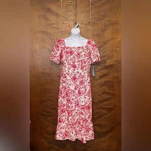 London Times Puff Sleeve Linen Midi Dress Womens Plus 18W Red Floral Wedding